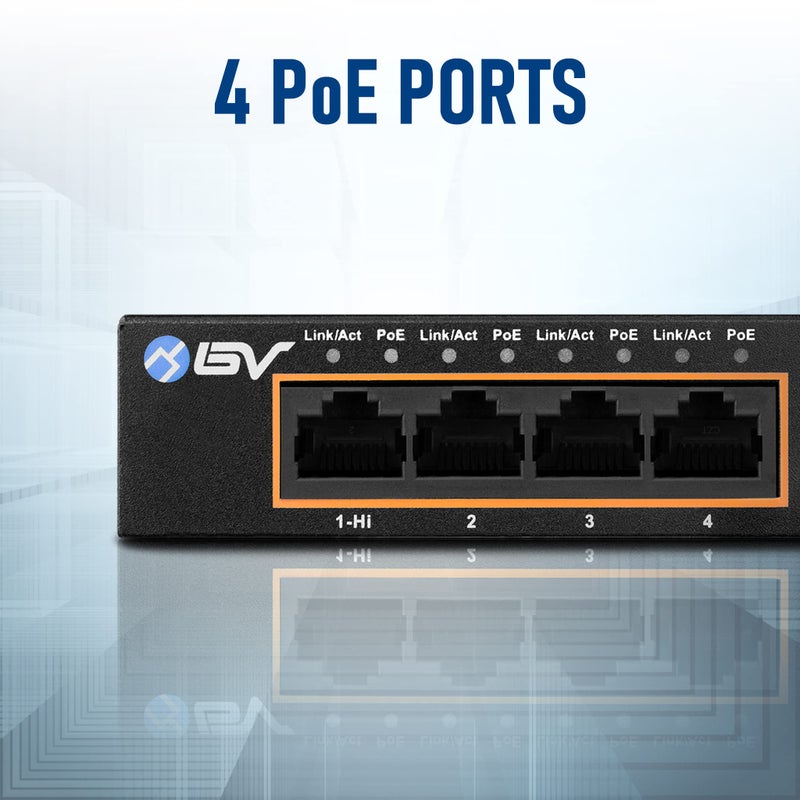 BV-Tech 6 Port PoE+ Switch 4 PoE+ Gigabit Ports with 2 Gigabit Uplink â€“ 60W â€“ 802.3at + 1 High PowerPort | Desktop Fanless Design | Sturdy Metal Housing - Image 2